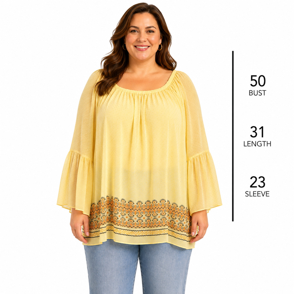 Ivy Jane Womens Butter Yellow Sheer Chiffon Bell Sleeve Boho Top Shirt Blouse XL